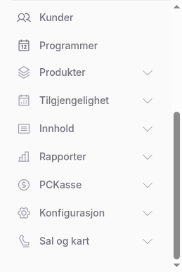 Sidemeny i backoffice med Oppsett-grupper: Produkter, Tilgjengelighet, Innhold, Rapporter og Konfigurasjon